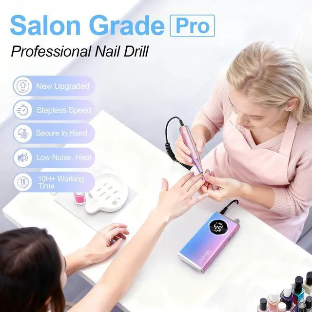 Alt view image 2 of 7 - Electric Nail Drill File Professional 45000 RPM, Melodly Rechargeable Electric Nail File Machine Kit for Acrylic Gel Nails Polishing Removing, Portable Cordless Efile with Gold Bits Kit at Salon Home