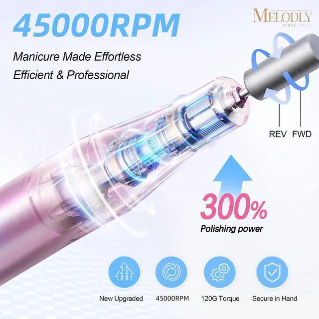 Alt view image 3 of 7 - Electric Nail Drill File Professional 45000 RPM, Melodly Rechargeable Electric Nail File Machine Kit for Acrylic Gel Nails Polishing Removing, Portable Cordless Efile with Gold Bits Kit at Salon Home