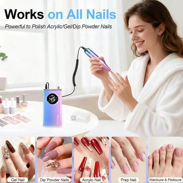 Alt view image 5 of 7 - Electric Nail Drill File Professional 45000 RPM, Melodly Rechargeable Electric Nail File Machine Kit for Acrylic Gel Nails Polishing Removing, Portable Cordless Efile with Gold Bits Kit at Salon Home