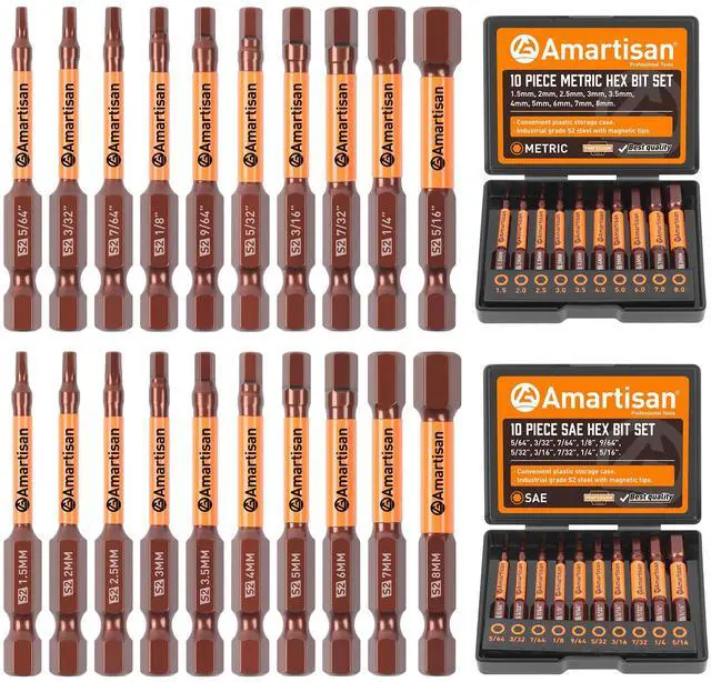 Main image of 20-Piece Hex Head Allen Wrench Drill Bit Set, Metric and SAE S2 Steel Hex Bits Set, Magnetic Tips, 2.3" Long With Storage box.