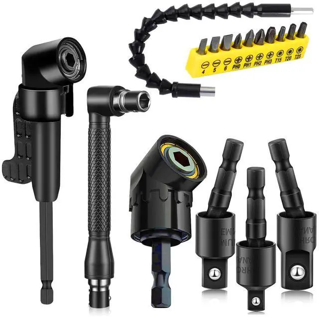 Main image of 17 Pcs Flexible Drill Bit Extension 105 Degree Right Angle Drill Adapter,360° Rotatable 1/4 3/8 1/2" Impact Grade Socket Adapter Set,90° Angled Bits,Super Bit Shaft Extension Bits,Screwdriver Bit Set