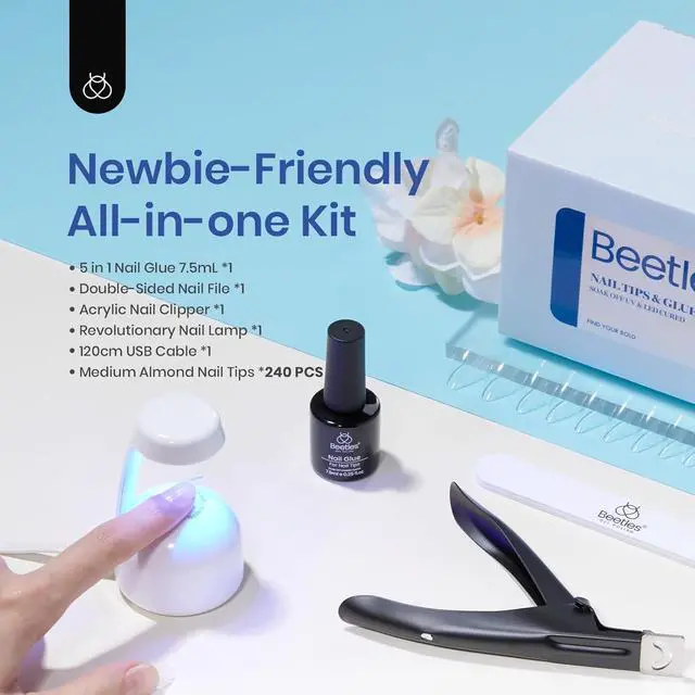 Alt view image 2 of 7 - Nail Kit Almond Nail Tips Easy Nail Extension Set 9 In 1 Nail Glue Gel with Pre shaped Medium Almond Nail Tips & UV Nail Lamp Acrylic Nail Clipper DIY Art