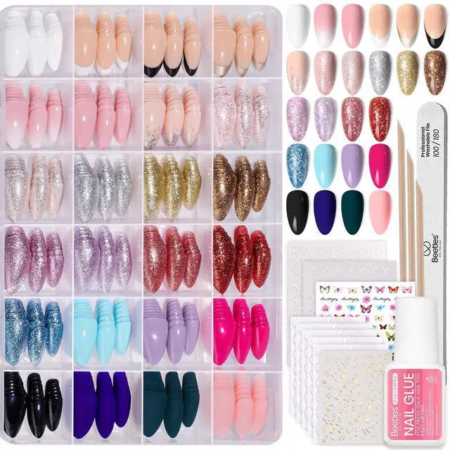 Main image of Press on Nails Kit 720Pcs 24 Colors, Short Almond Press on Nail Glossy Matte Glitter with Nail Glue & Nail Tabs Stickers, Natural Fit Lightweight Fake Nails Kit Art for Women Girls