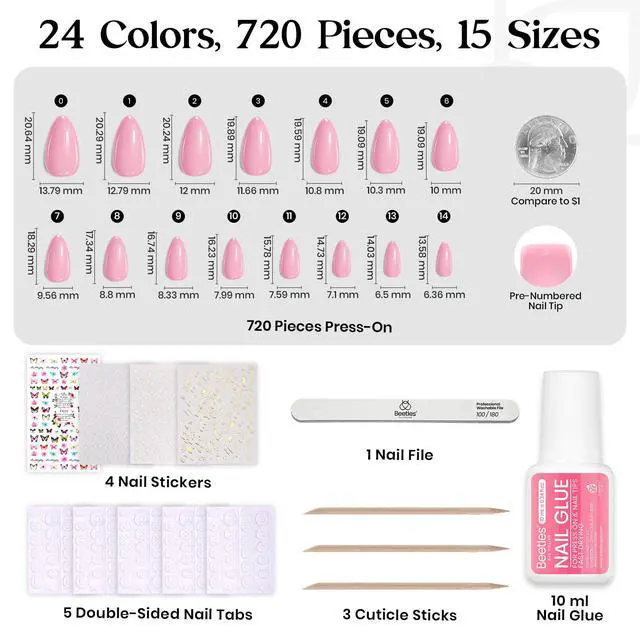 Alt view image 5 of 7 - Press on Nails Kit 720Pcs 24 Colors, Short Almond Press on Nail Glossy Matte Glitter with Nail Glue & Nail Tabs Stickers, Natural Fit Lightweight Fake Nails Kit Art for Women Girls