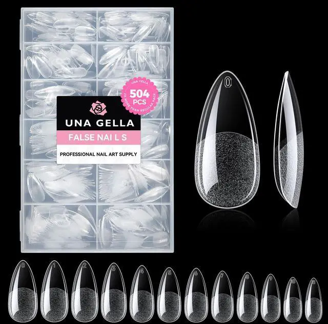 Main image of Almond Gel Nail Tips, 504PCS Pre Etched Clear Fake Nails Tips Medium Almond Shape - 12 Sizes Full Cover Soft Acrylic Press On Nail Extensions No C Curve Gift for Diy at Home
