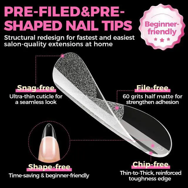 Alt view image 5 of 7 - Almond Gel Nail Tips, 504PCS Pre Etched Clear Fake Nails Tips Medium Almond Shape - 12 Sizes Full Cover Soft Acrylic Press On Nail Extensions No C Curve Gift for Diy at Home