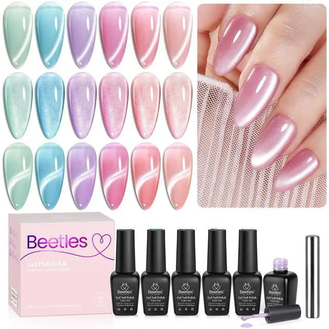 Main image of Cat Eye Gel Nail Polish Set, 6 Colors Fairy Garden Pastel Spring Shimmer Glitter Gel Polish Kit Pink Red Blue Orange Green Purple Velvet Gel Soak Off UV Magnet Nail Art DIY Gift for Women