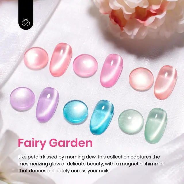 Alt view image 2 of 7 - Cat Eye Gel Nail Polish Set, 6 Colors Fairy Garden Pastel Spring Shimmer Glitter Gel Polish Kit Pink Red Blue Orange Green Purple Velvet Gel Soak Off UV Magnet Nail Art DIY Gift for Women