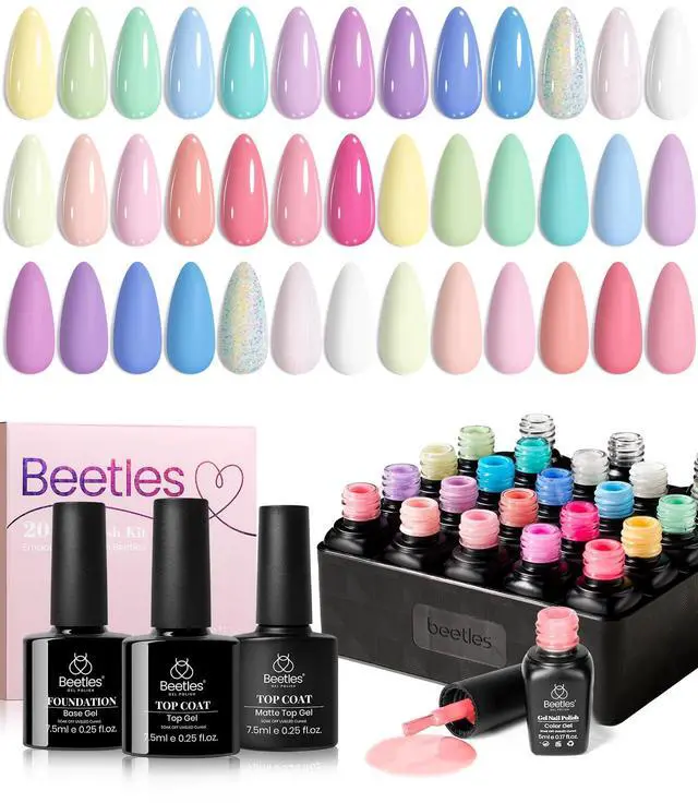 Main image of Gel Nail Polish Set, 23 PCS 20 Colors Pastel Macaron Spring Gel Polish Kit, Dreamy Town Pink Yellow Green Blue Glitter Color Gel with Base Coat, Glossy Matte Top Coat, Soak Off UV LED