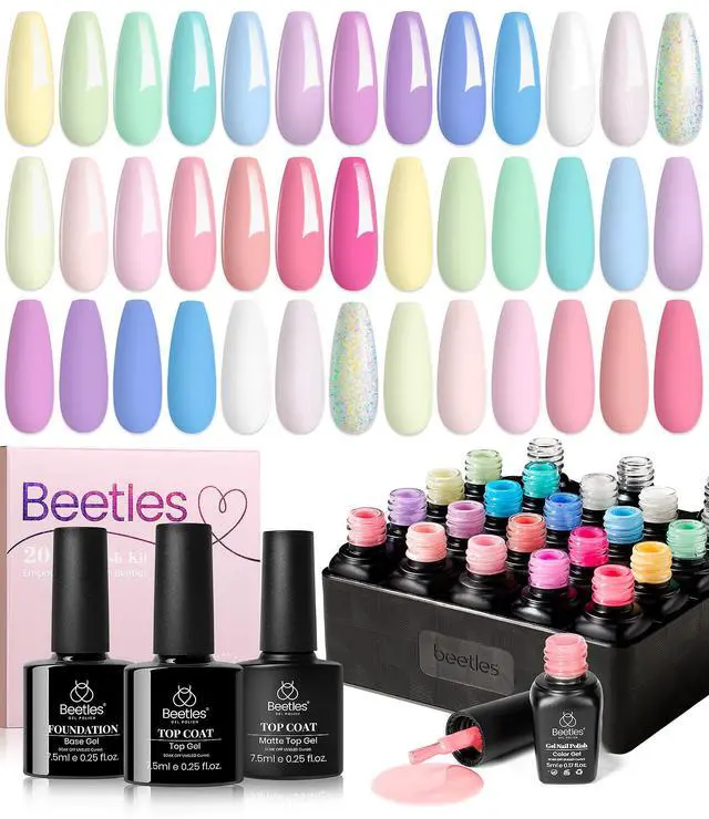 Alt view image 7 of 7 - Gel Nail Polish Set, 23 PCS 20 Colors Pastel Macaron Spring Gel Polish Kit, Dreamy Town Pink Yellow Green Blue Glitter Color Gel with Base Coat, Glossy Matte Top Coat, Soak Off UV LED