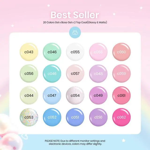 Alt view image 2 of 7 - Gel Nail Polish Set, 23 PCS 20 Colors Pastel Macaron Spring Gel Polish Kit, Dreamy Town Pink Yellow Green Blue Glitter Color Gel with Base Coat, Glossy Matte Top Coat, Soak Off UV LED