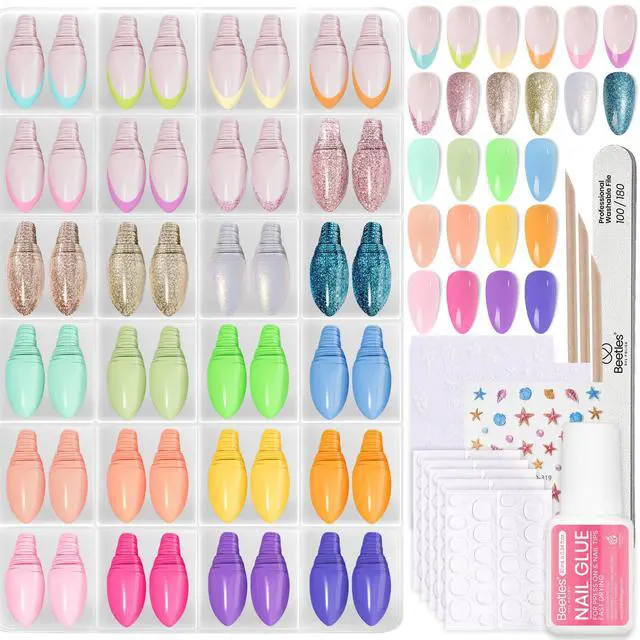 Main image of Press On Nails Kit - Chromatic Reverie | 720Pcs 24 Colors Short Almond Press On Nails | 15 Sizes French Glossy Glitter with Nail Glue & Nail Tabs Stickers, Fake Nails Kit Art for Women