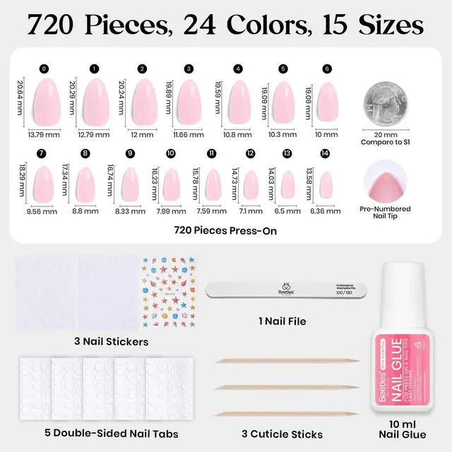Alt view image 6 of 7 - Press On Nails Kit - Chromatic Reverie | 720Pcs 24 Colors Short Almond Press On Nails | 15 Sizes French Glossy Glitter with Nail Glue & Nail Tabs Stickers, Fake Nails Kit Art for Women