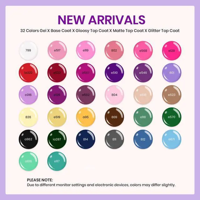 Alt view image 2 of 7 - Nail Polish Set - 32 Colors Summer Orange Red White Blue Purple Nude Black Brown Green Gel Polish, UV LED Soak Off Nail Kit with Base and Top Coat All Season Gift for Women