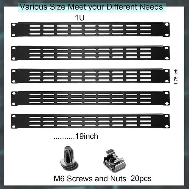 Alt view image 2 of 7 - 1U 2U 3U Blank Rack Mount Panel, Spacer Black Rack Mount Cover Support bar for Enclosure Network Cabinet Cable Management Bar Slot (Vented 1U 5PCS)