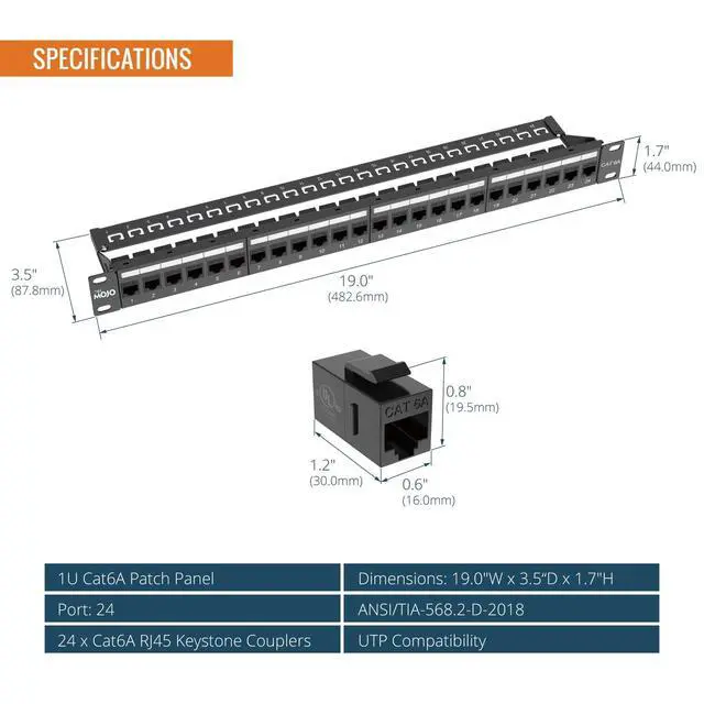 Alt view image 3 of 6 - UL Listed 24-Port Cat6A UTP Patch Panel with Lnline Keystone Couplers, 10G Pass-Thru, 19-Inch 1U Rack Mount with Removable Back Bar, Network Patch Panel for Cat6a/Cat6/Cat5e Cabling