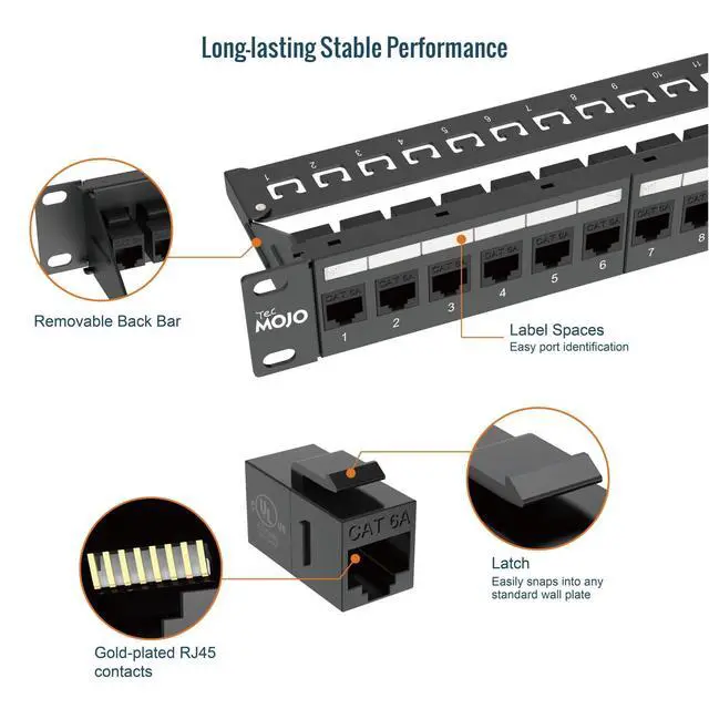 Alt view image 6 of 6 - UL Listed 24-Port Cat6A UTP Patch Panel with Lnline Keystone Couplers, 10G Pass-Thru, 19-Inch 1U Rack Mount with Removable Back Bar, Network Patch Panel for Cat6a/Cat6/Cat5e Cabling