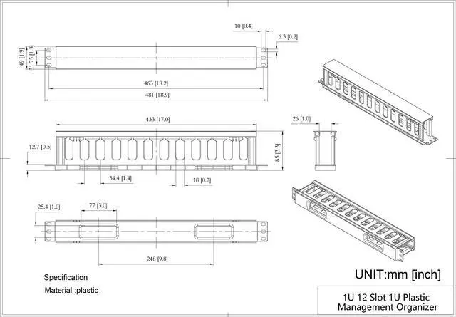 Alt view image 4 of 4 - 2 Pack 1U 12 Slot Horizontal Rack Mount Cable Management Organizer Plastic 19" Rack Mount with M6 Screws and Cage Nuts (PCMB12S2PC)