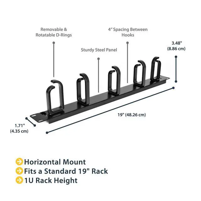 Alt view image 2 of 7 - 19 Server Rack Cable Management Panel w/ D-Ring Hooks - 1U Horizontal or Vertical Wire and Cord Manager - Metal , TAA (CABLMANAGER2)