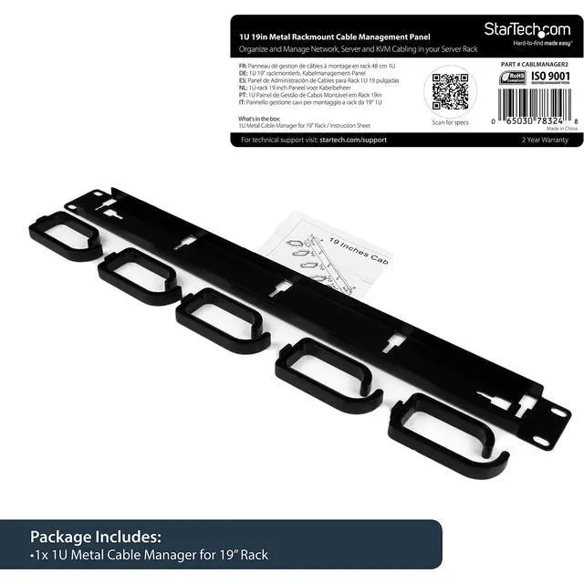 Alt view image 4 of 7 - 19 Server Rack Cable Management Panel w/ D-Ring Hooks - 1U Horizontal or Vertical Wire and Cord Manager - Metal , TAA (CABLMANAGER2)