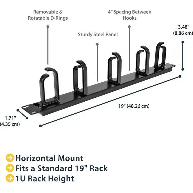 Alt view image 7 of 7 - 19 Server Rack Cable Management Panel w/ D-Ring Hooks - 1U Horizontal or Vertical Wire and Cord Manager - Metal , TAA (CABLMANAGER2)