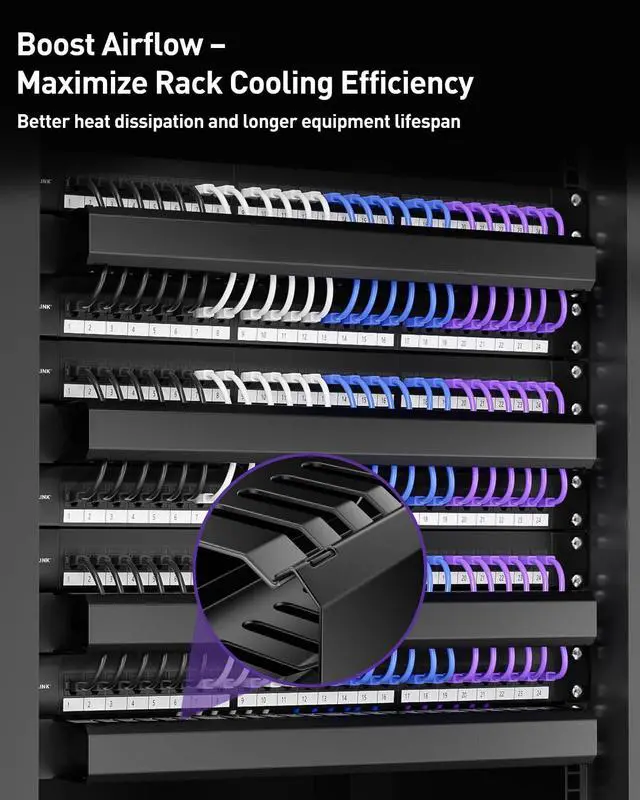 Alt view image 3 of 7 - 1U Server Rack Cable Management 24-Slot, 19" Carbon Steel Horizontal Network Cable Management for Network Cabinet, All-Metal Black 1 Pack