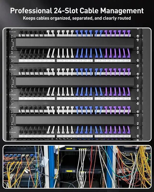 Alt view image 2 of 7 - 1U Server Rack Cable Management 24-Slot, 19" Carbon Steel Horizontal Network Cable Management for Network Cabinet, All-Metal Black 1 Pack