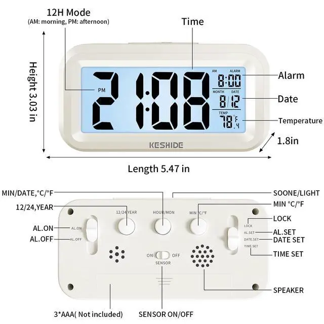 Alt view image 2 of 7 - Digital Alarm Clock Battery Operated with Indoor Temperature, Desk Small Clock,Snooze Model,12/24H Display for Bedrooms Heavy Sleepers Kids Travel Bathroom (White)