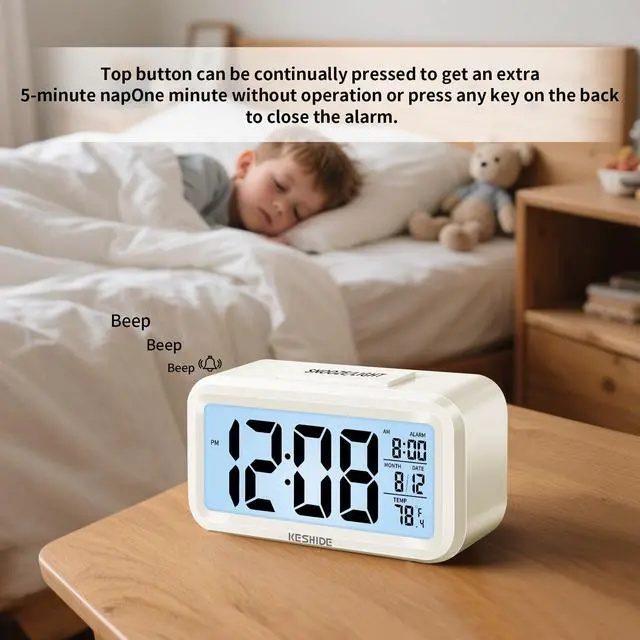 Alt view image 3 of 7 - Digital Alarm Clock Battery Operated with Indoor Temperature, Desk Small Clock,Snooze Model,12/24H Display for Bedrooms Heavy Sleepers Kids Travel Bathroom (White)