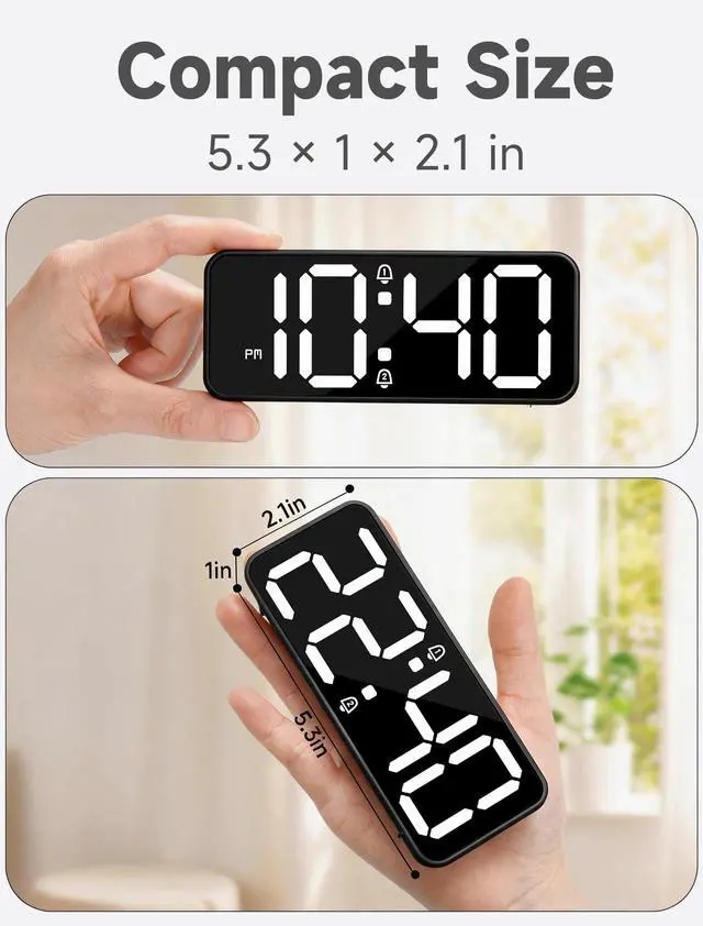 Alt view image 2 of 7 - Battery Operated Small Digital Alarm Clock Cordless or Plug-in, Extra Loud 105dB for Heavy Sleepers Adults, LED Bedside Desk Clock for Bedroom, 2 Alarms, 5-Level Dimmer, DST(Black+White)