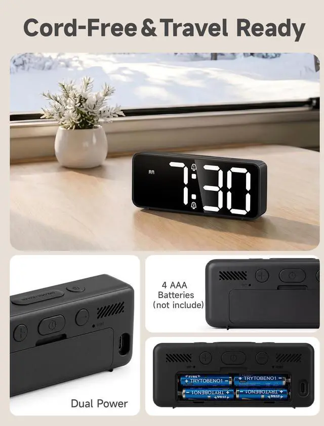 Alt view image 3 of 7 - Battery Operated Small Digital Alarm Clock Cordless or Plug-in, Extra Loud 105dB for Heavy Sleepers Adults, LED Bedside Desk Clock for Bedroom, 2 Alarms, 5-Level Dimmer, DST(Black+White)