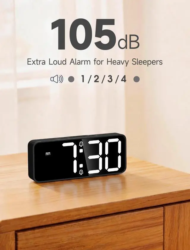 Alt view image 5 of 7 - Battery Operated Small Digital Alarm Clock Cordless or Plug-in, Extra Loud 105dB for Heavy Sleepers Adults, LED Bedside Desk Clock for Bedroom, 2 Alarms, 5-Level Dimmer, DST(Black+White)