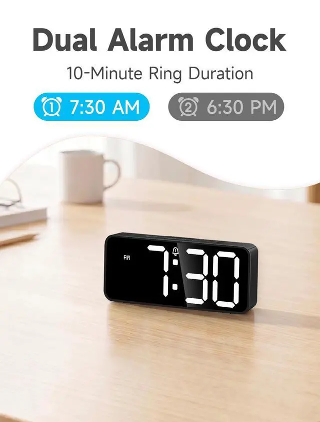 Alt view image 6 of 7 - Battery Operated Small Digital Alarm Clock Cordless or Plug-in, Extra Loud 105dB for Heavy Sleepers Adults, LED Bedside Desk Clock for Bedroom, 2 Alarms, 5-Level Dimmer, DST(Black+White)