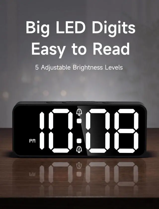 Alt view image 7 of 7 - Battery Operated Small Digital Alarm Clock Cordless or Plug-in, Extra Loud 105dB for Heavy Sleepers Adults, LED Bedside Desk Clock for Bedroom, 2 Alarms, 5-Level Dimmer, DST(Black+White)
