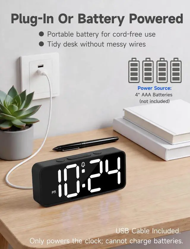 Alt view image 4 of 7 - Battery Operated Small Digital Alarm Clock Cordless or Plug-in, Extra Loud 105dB for Heavy Sleepers Adults, LED Bedside Desk Clock for Bedroom, 2 Alarms, 5-Level Dimmer, DST(Black+White)
