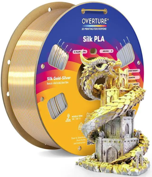 Main image of Silk PLA Dual Color Filament 1.75mm, Bi-Color Shiny PLA Finish, Smooth & Glossy, 1kg Spool (2.2lbs), Ideal for Cosplay Jewelry & Home Decor (Silk Gold-Silver)