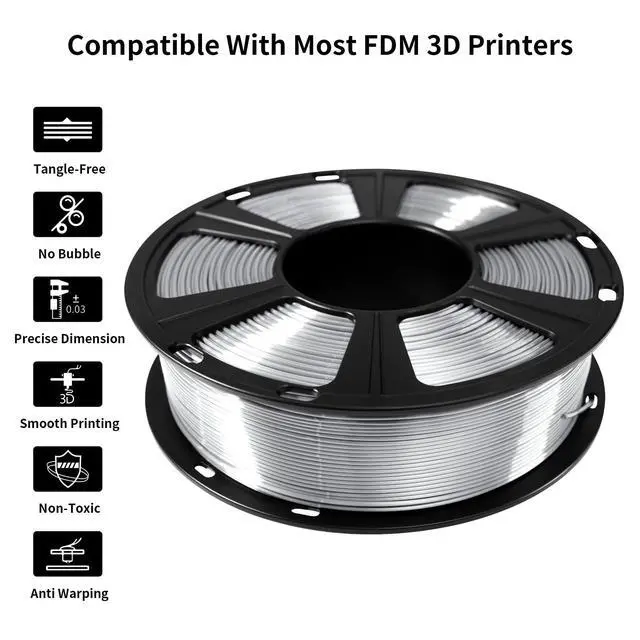 Alt view image 4 of 7 - Silk PLA Filament 1.75mm for 3D Printer, Metal-Like Shiny 3D Filament 1kg (2.2lbs) 1 Spool, Dimensional Accuracy +/- 0.02 mm, Metallic Silver Silk Filament