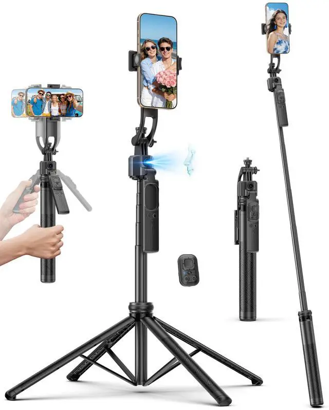 Main image of 64" Auto Face Tracking Tripod, 360° Rotation Aluminum Quadrapod Selfie Stick with Remote, Phone Tripod Compatible with iPhone Android for Vlog TikTok Live Streaming