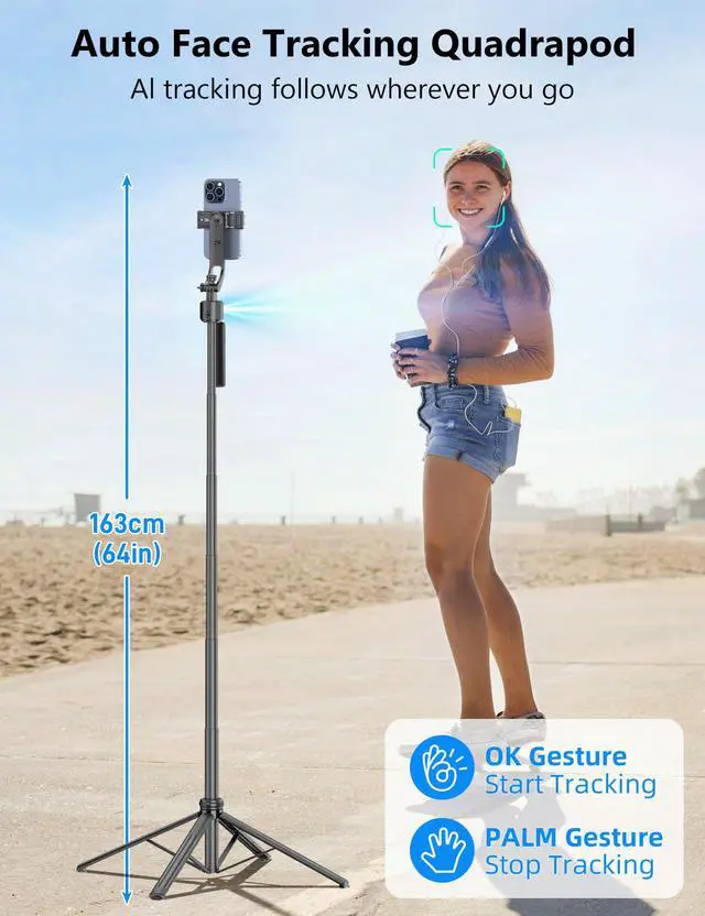 Alt view image 2 of 6 - 64" Auto Face Tracking Tripod, 360° Rotation Aluminum Quadrapod Selfie Stick with Remote, Phone Tripod Compatible with iPhone Android for Vlog TikTok Live Streaming