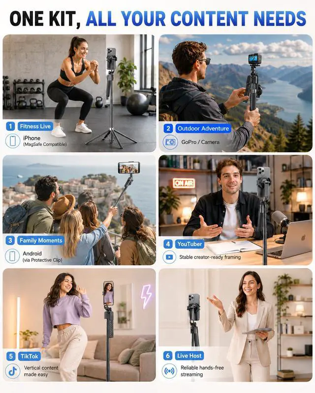 Alt view image 5 of 6 - 71" Auto Face Tracking Tripod, 1-Sec Quick Setup Magnetic Tripod for iPhone, No App Needed 360° Rotating Phone & Camera Tripod, Content Creator Essentials for TikTok YouTube