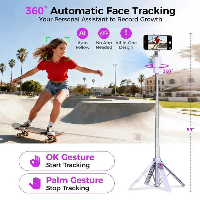 Alt view image 2 of 7 - 59'' Auto Face Tracking Tripod, 360° Rotation Selfie Stick for iPhone & Android with Wireless Remote, No App Required, Gesture Control for Vlog