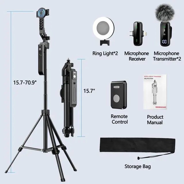Alt view image 6 of 7 - Magnetic Vlogging Kit for iPhone/Android, 71" Auto Face Tracking Tripod for iPhone with Light, Magnetic Microphone/Remote Control, Content Creator Essentials Starter Kit for TikTok and YouTube