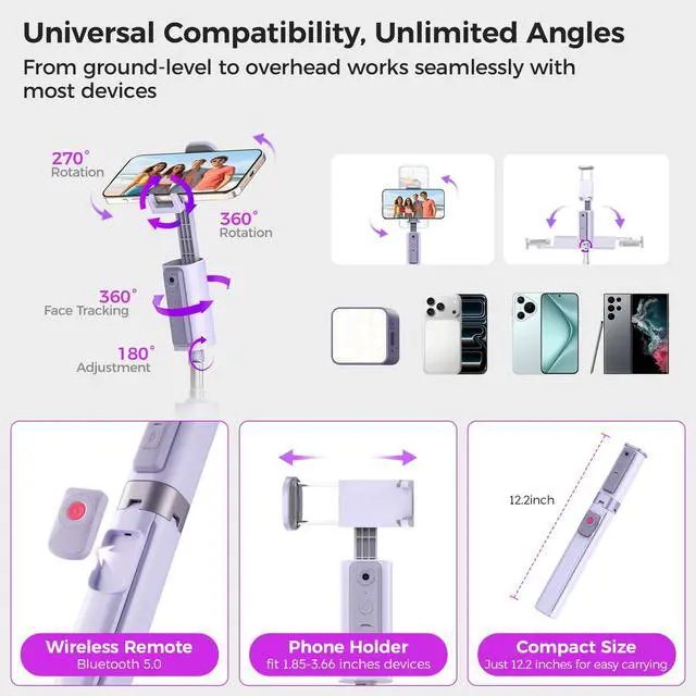 Alt view image 6 of 7 - 59'' Auto Face Tracking Tripod, 360° Rotation Selfie Stick for iPhone & Android with Wireless Remote, No App Required, Gesture Control for Vlog