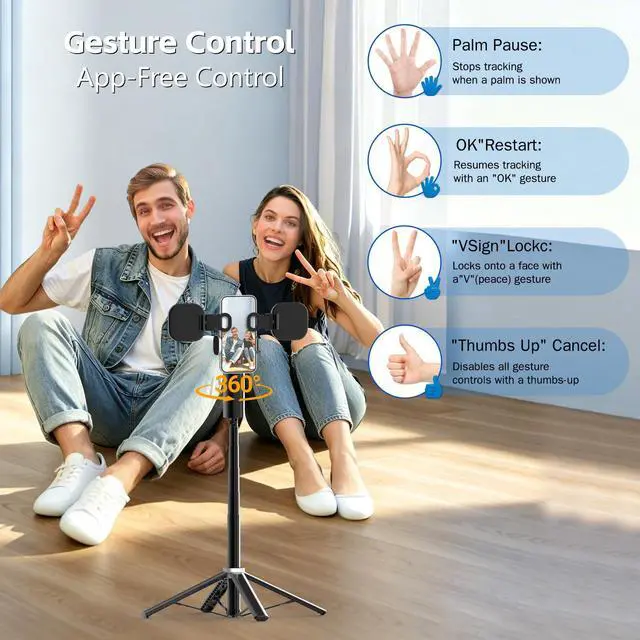 Alt view image 5 of 7 - Auto Face Tracking Tripod for iPhone, Android & Camera, 60" Extendable Selfie Stick Tripod with Light and Remote, No App, 360° Rotation Phone Holder for TikTok, YouTube, Vlog, Live Streaming