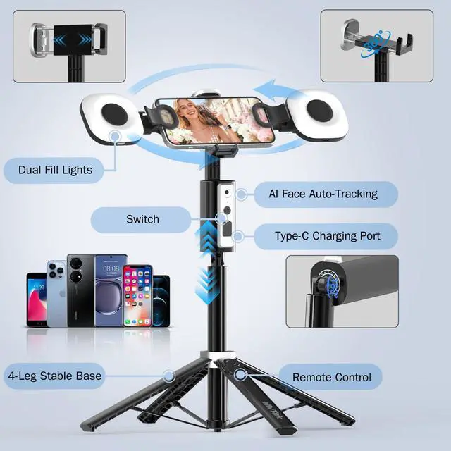 Alt view image 6 of 7 - Auto Face Tracking Tripod for iPhone, Android & Camera, 60" Extendable Selfie Stick Tripod with Light and Remote, No App, 360° Rotation Phone Holder for TikTok, YouTube, Vlog, Live Streaming