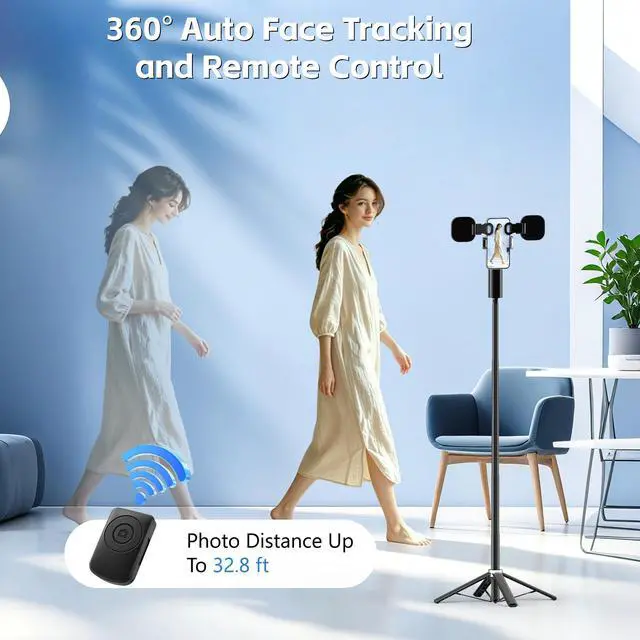 Alt view image 3 of 7 - Auto Face Tracking Tripod for iPhone, Android & Camera, 60" Extendable Selfie Stick Tripod with Light and Remote, No App, 360° Rotation Phone Holder for TikTok, YouTube, Vlog, Live Streaming