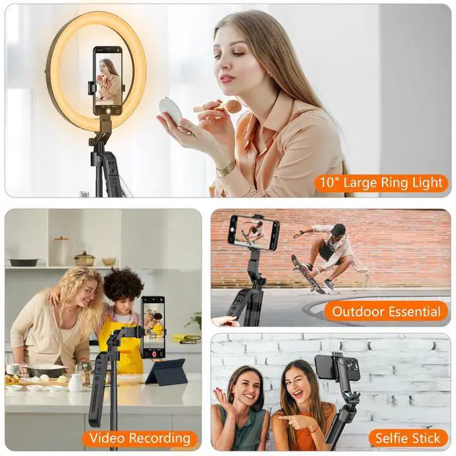 Alt view image 4 of 7 - Auto Face Tracking Self Stick Tripod for iPhone with 10" Ring Light Hands-Free 360°Adjustable 70.9 Inch Smart Phone Stand with Remote for Content Creator Vlog Video Recording