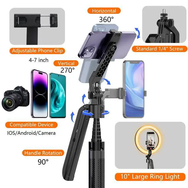 Alt view image 6 of 7 - Auto Face Tracking Self Stick Tripod for iPhone with 10" Ring Light Hands-Free 360°Adjustable 70.9 Inch Smart Phone Stand with Remote for Content Creator Vlog Video Recording