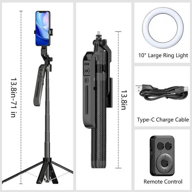 Alt view image 7 of 7 - Auto Face Tracking Self Stick Tripod for iPhone with 10" Ring Light Hands-Free 360°Adjustable 70.9 Inch Smart Phone Stand with Remote for Content Creator Vlog Video Recording