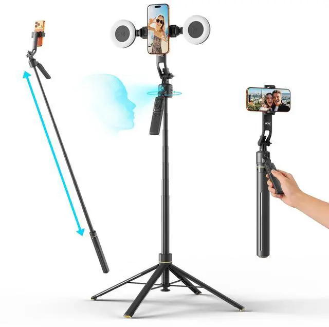 Main image of Auto Face Tracking Tripod for iPhone Gesture Control Detachable Mini Ring Light 64" 360 Degree AI Tracking Phone Tripod for Vlogging YouTube TikTok Video Recording